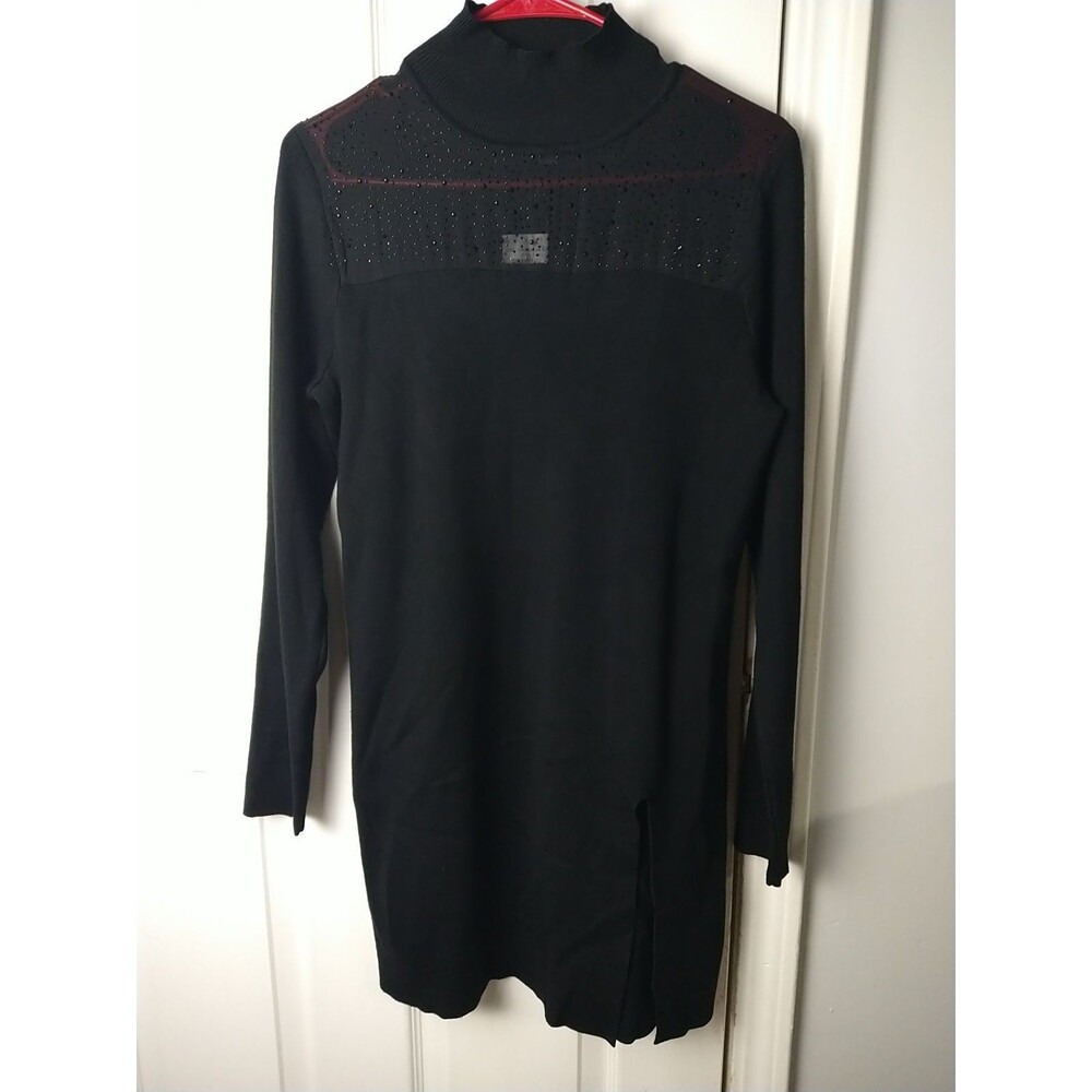 Cable And Gauge Woman L Black Tunic Mock Neck Sweater Sheer  Rhinestone Accent